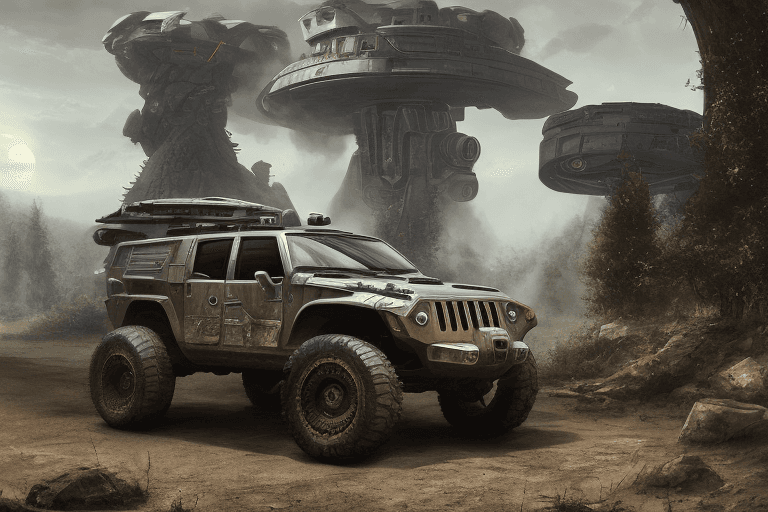 AI generated: a armored scifi Jeep in the style of halo and alternate car one, car concept, car Design, sid mead, ...