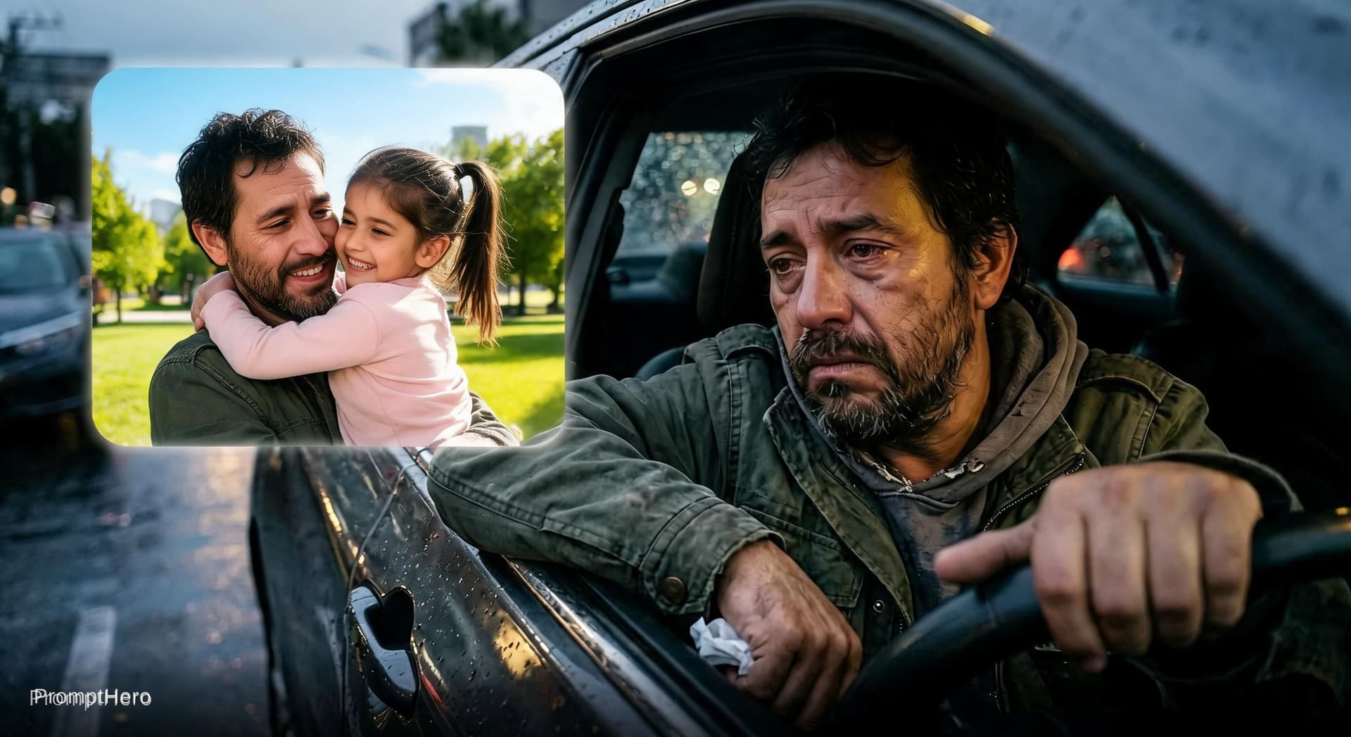 AI generated: hombre recuerda momentos felices con su hija
