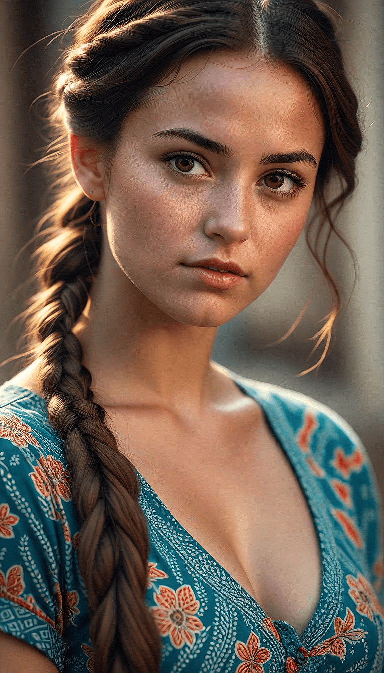 AI generated: A close-up portrait of a young woman with contemplative brown eyes and a side braid. Her olive skin ...