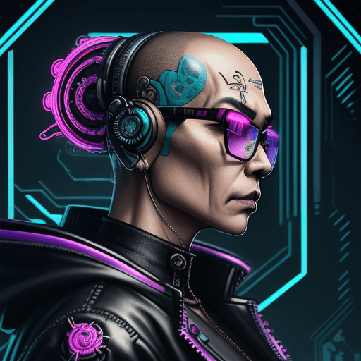 AI generated: nft style, cyberpunk, synthwave, bald, middle-aged asian, wearing glasses, tarot card with intricate...