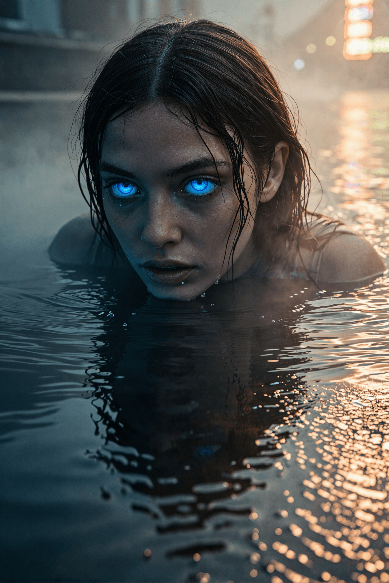 AI generated: A hauntingly beautiful woman's face partially submerged in dark, stagnant water, her eyes glowing wi...