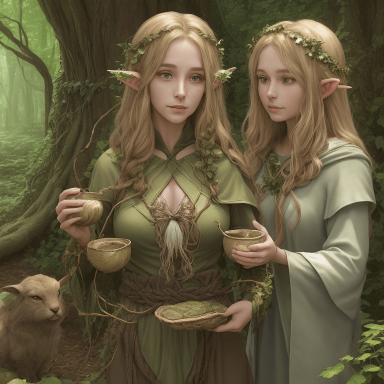AI generated: Elira is a gentle and wise elven druid, with an innate connection to the natural world and its creat...