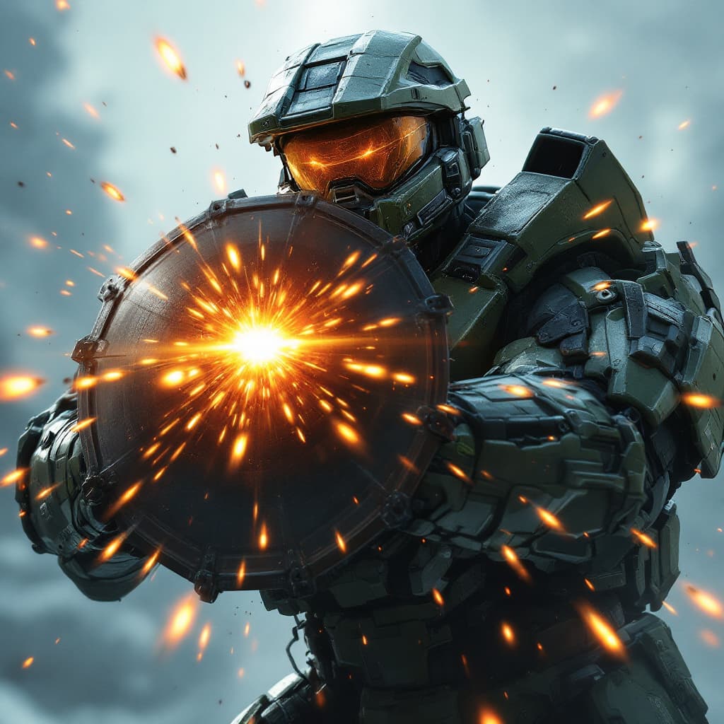 AI generated: Master chief from halo infinite in a military pose with his shield slowly beginning to cover his bod...
