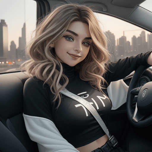 AI generated: Aan image of a young woman. Tiktok influencer, sitting in the driver's seat of a car, with a seatbel...