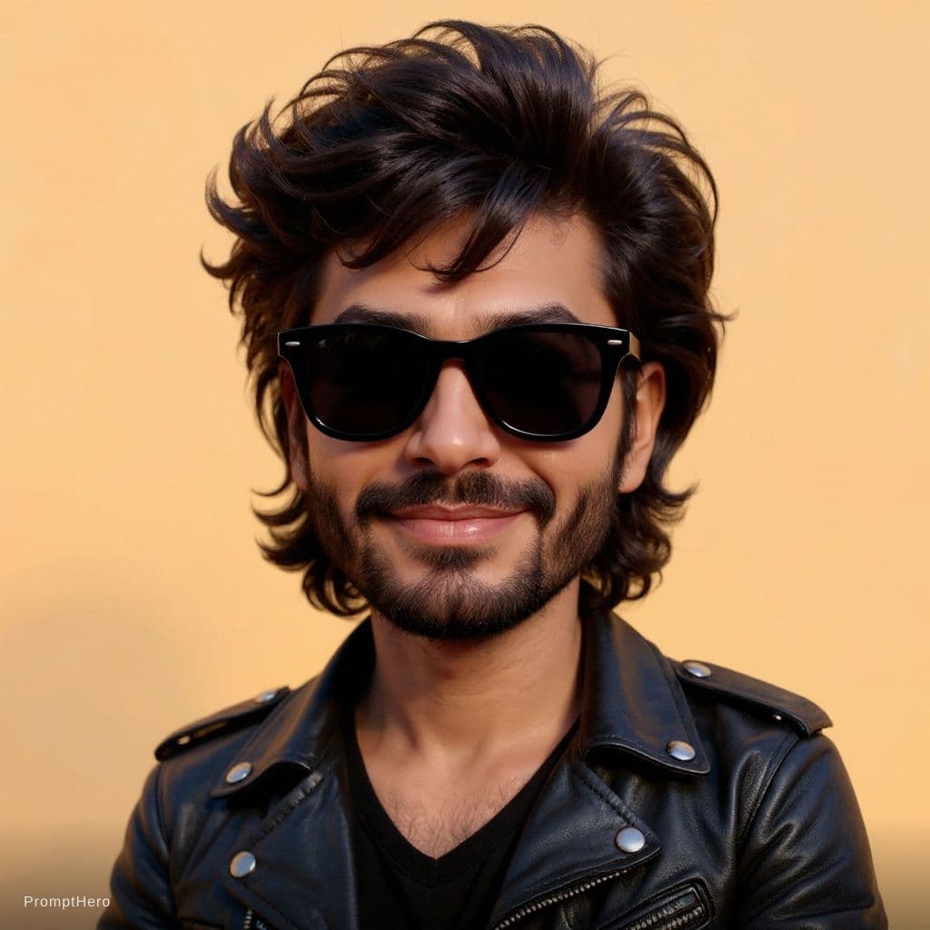 AI generated: A caricature of a 60s rocker with a rocker haircut, sunglasses and a smirk on his face. Dressed in a...
