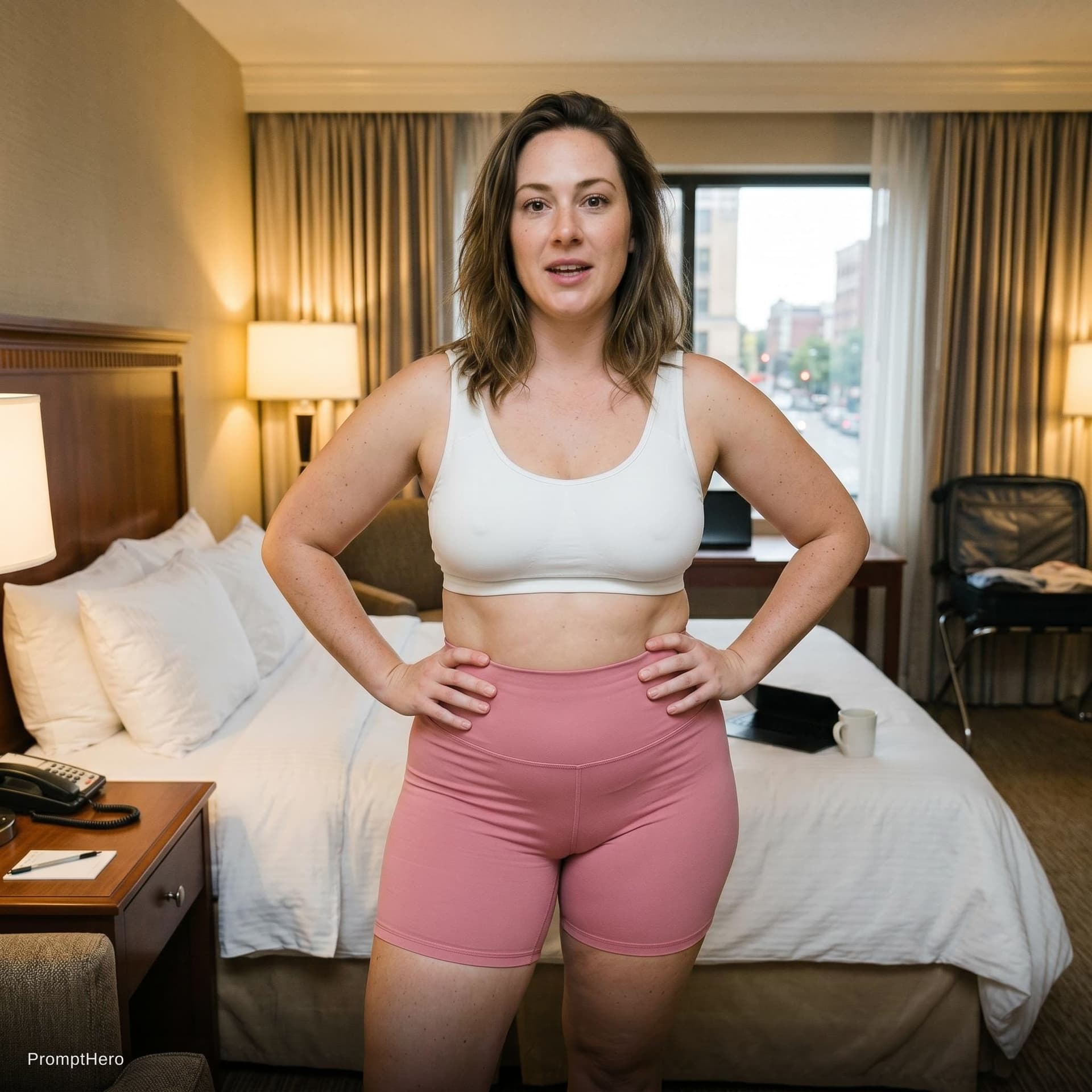 AI generated: Exact same, same outfit. She's in a hotel room talking to me with her hands on her hips.