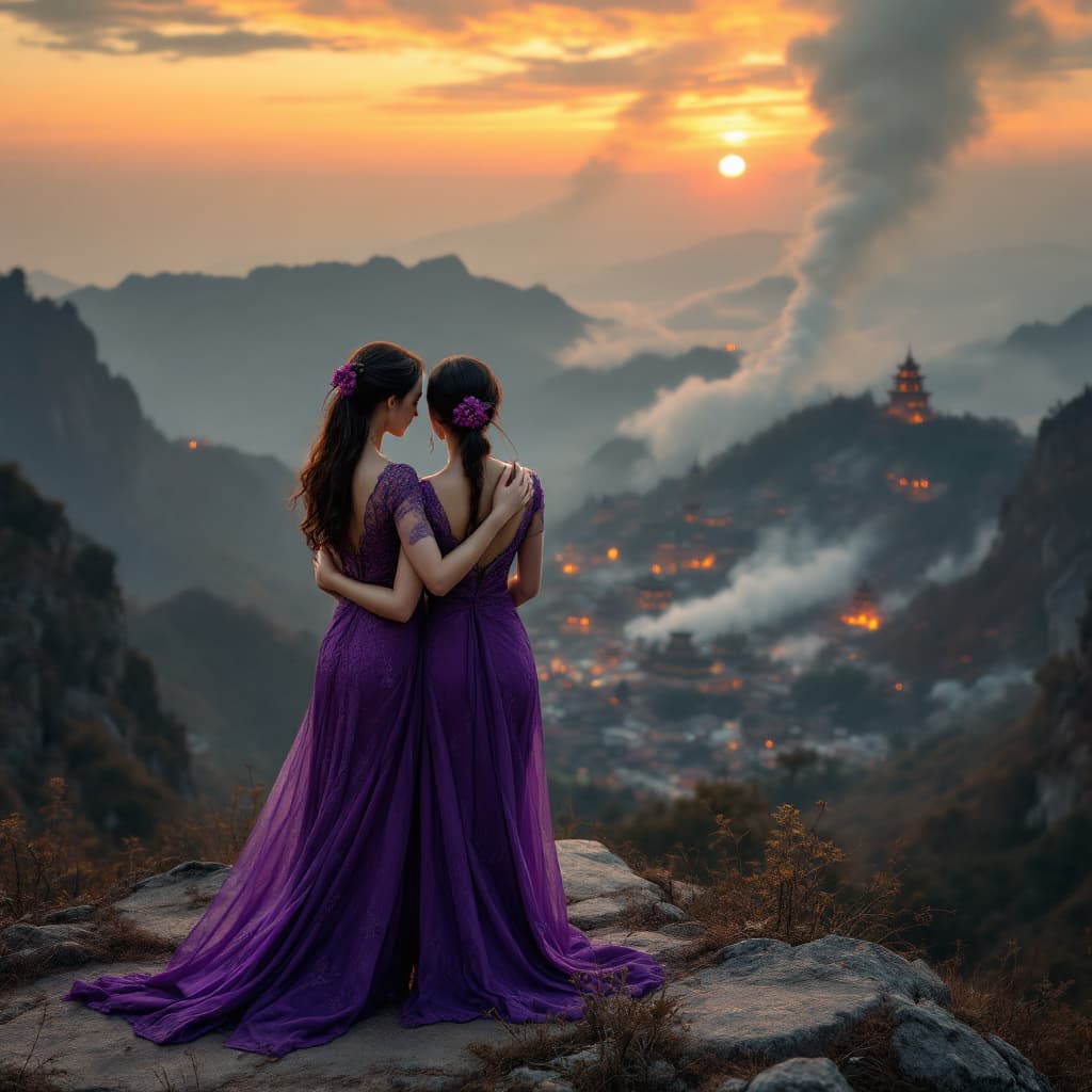 AI generated: At sunset, during golden hours, closeup photo of a two chinese beautiful women they hug each other i...
