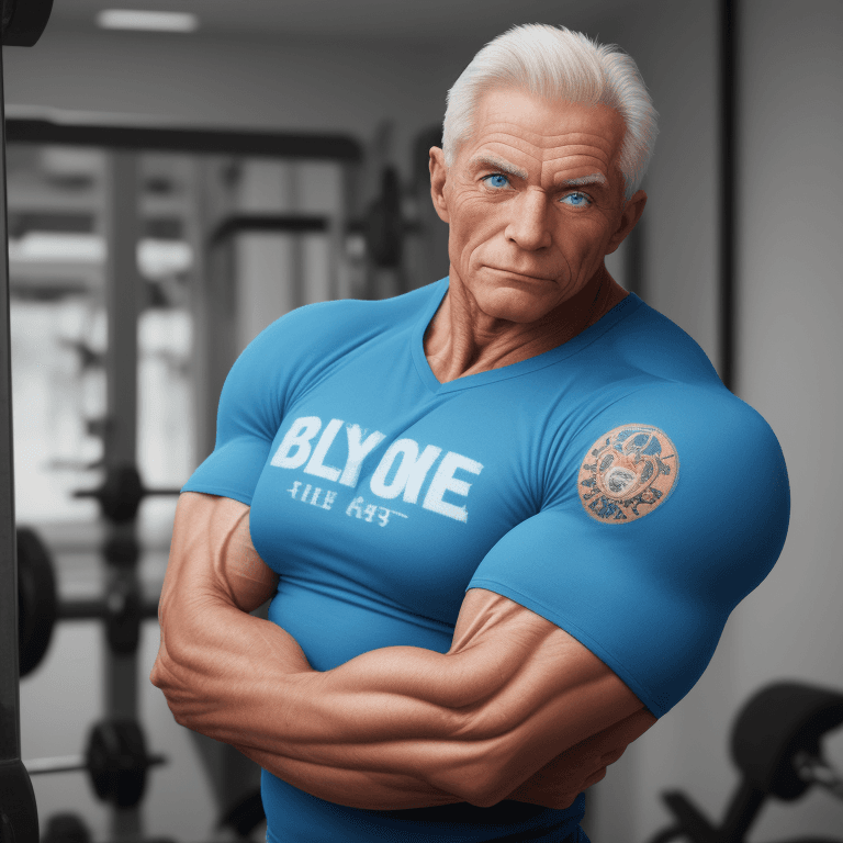 AI generated: a photo of a 70 year old bodybuilder, with blue eyes
