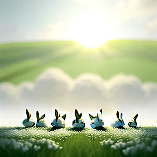 AI generated: five small photorealistic rabbits with fluffy hair on a green field with lots of white flowers, look...