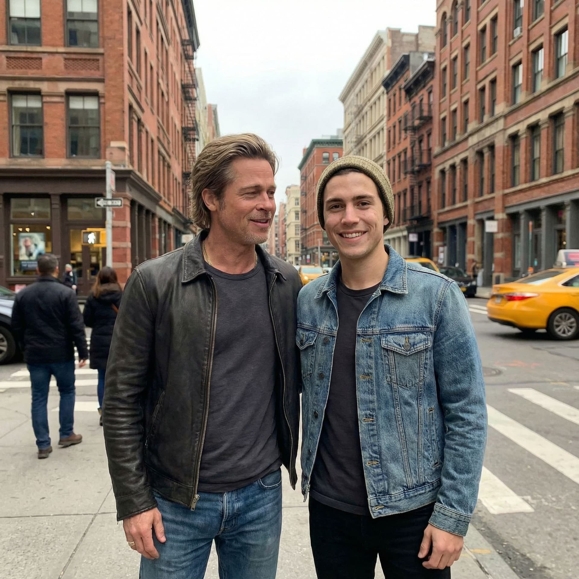 AI generated: Brad Pitt is standing next to him, both appearing candid and casual, ultra-realistic quality.