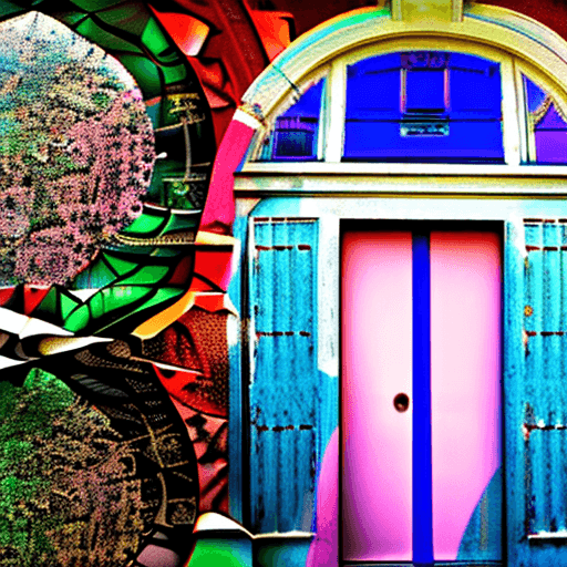 AI generated: a blue door in a pink globe. surreal. color splash art with the door.