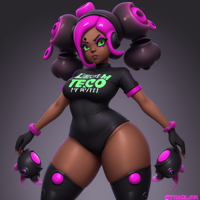 AI generated: tech, dark skin, thick thighs, evil, splatoon, octoling girl, queen