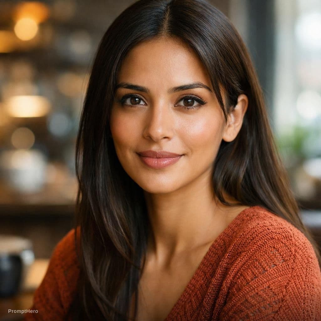 AI generated: ​"A hyper-realistic close-up portrait photograph of a unique Indian AI influencer, Maya. She has oli...