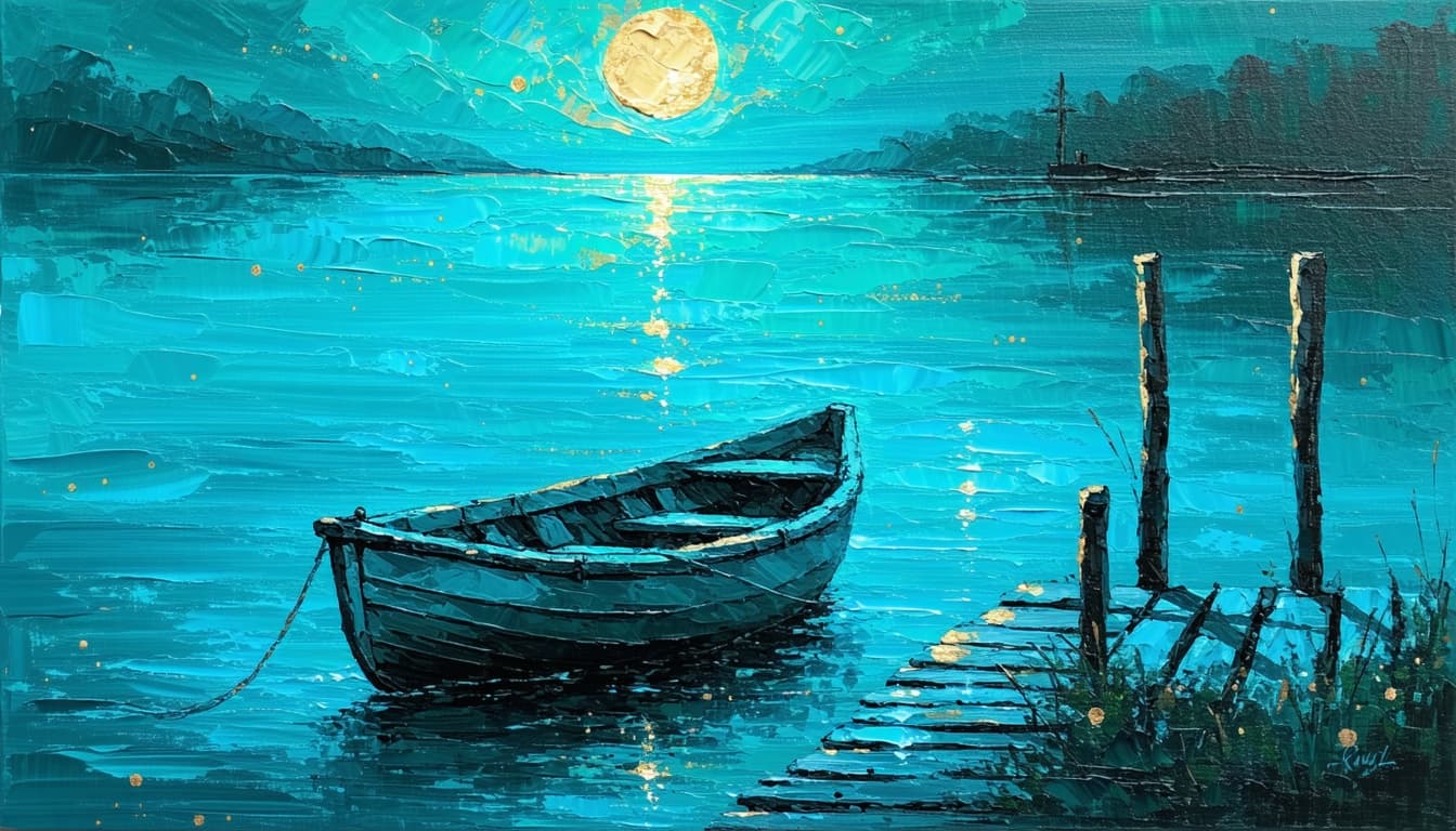 AI generated: One small boat by a small dock from far away. It's a blue green atmosphere. Glittery painting 