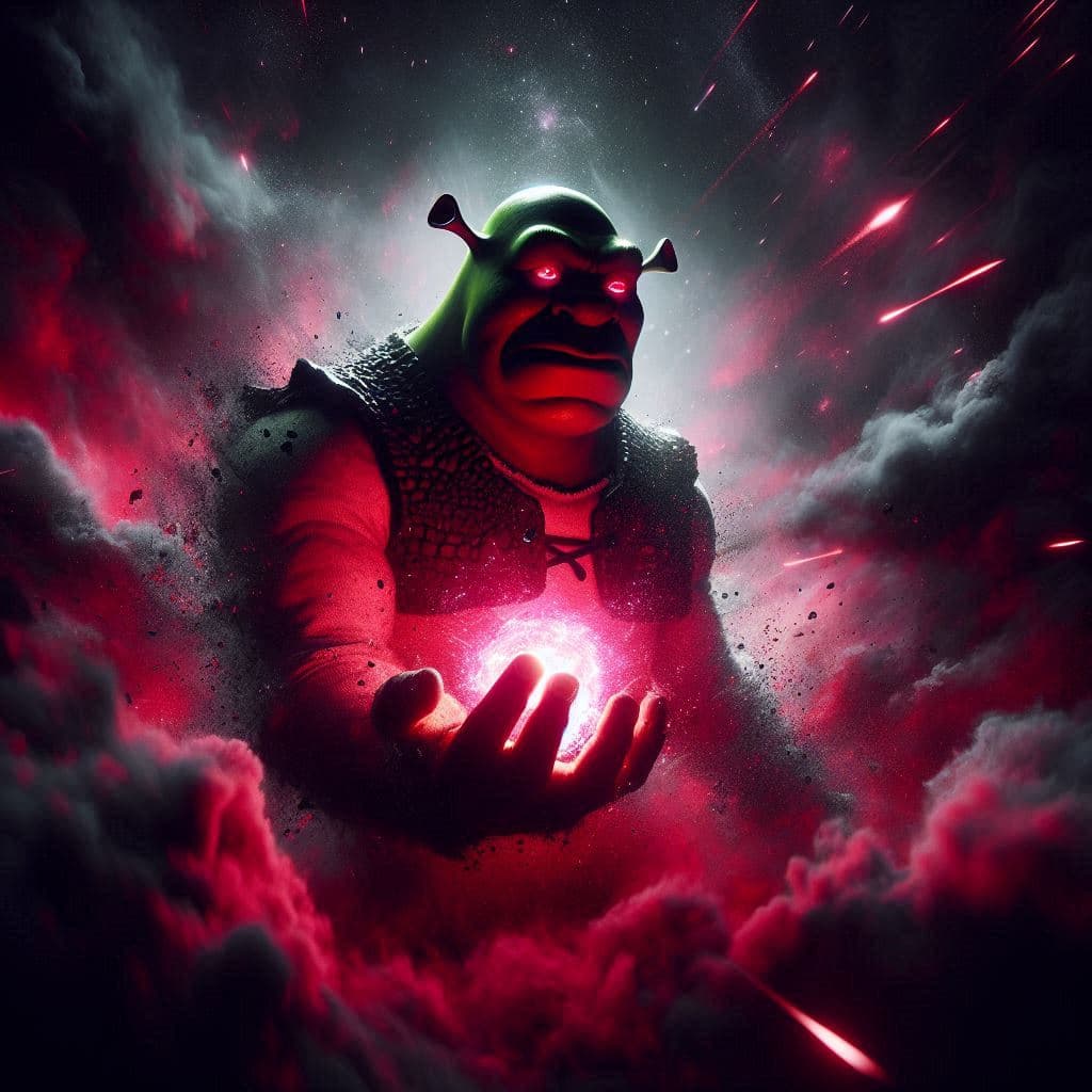 AI generated: vista de ángulo despaldas de figura oscura de Shrek heroico con ira contrastado sobre fondo rojo int...