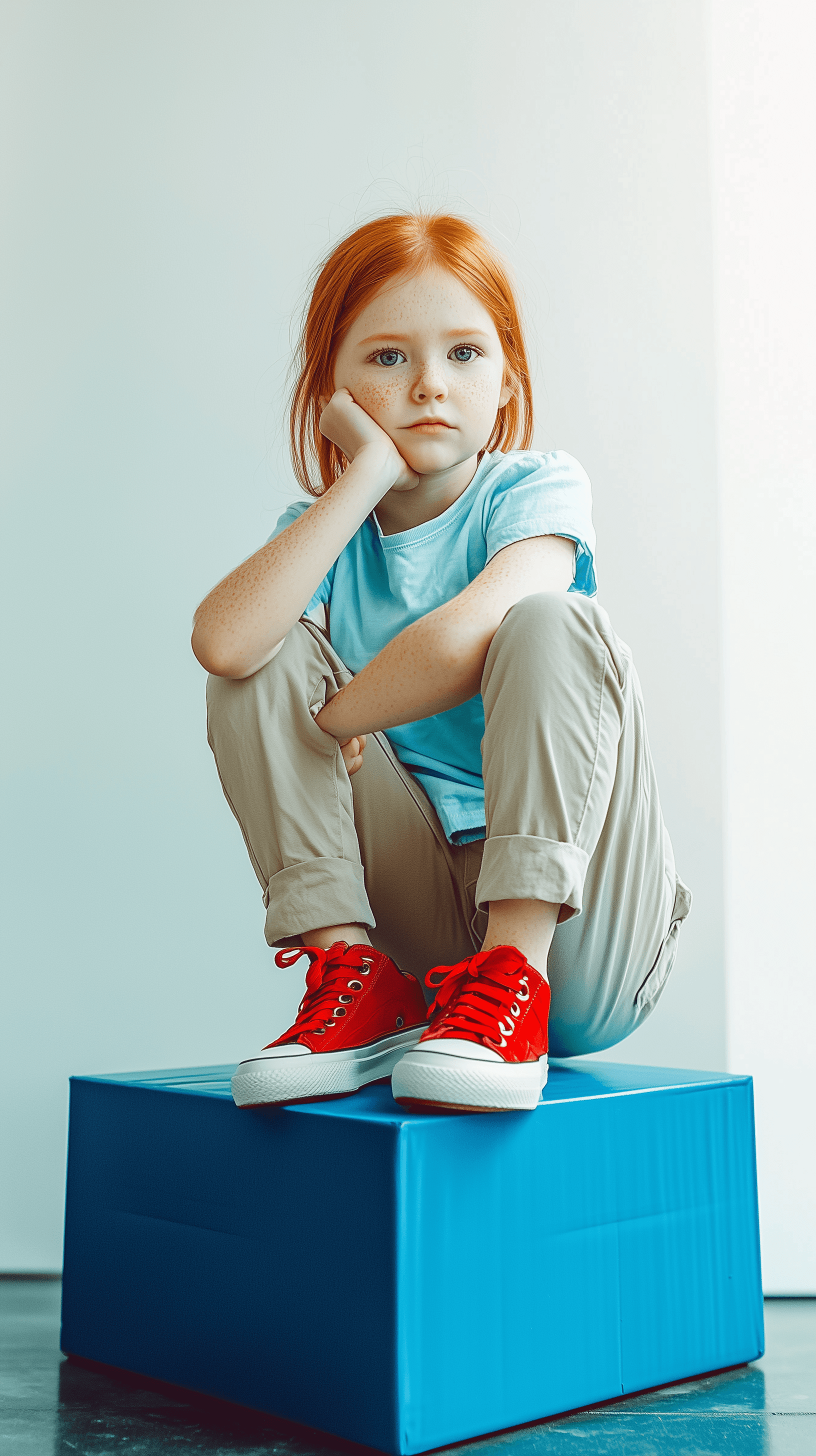 AI generated: studio portrait, photography, Hasselblad H6D-100c, pensive redhead 8 years old girl, wearing light b...