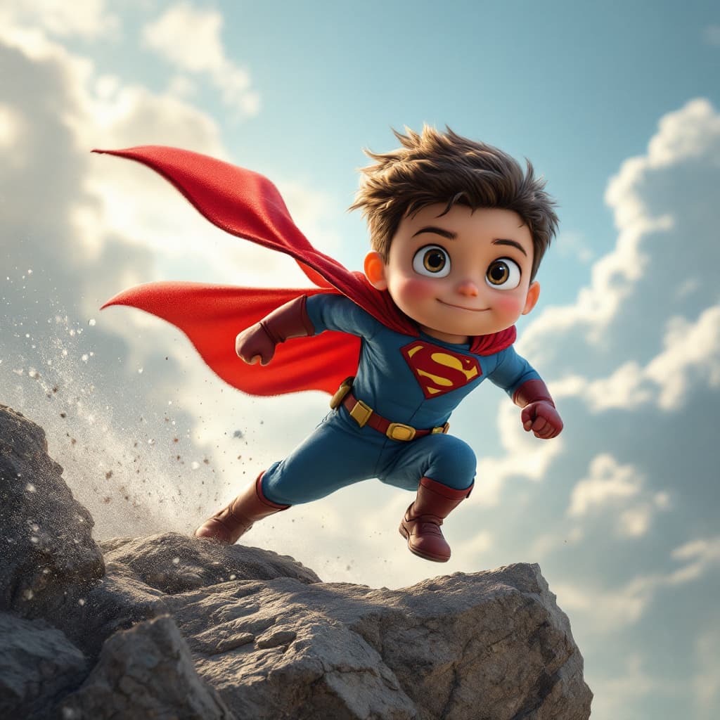 AI generated: un niño superheroe que vuela salvando a un perrito indefenso