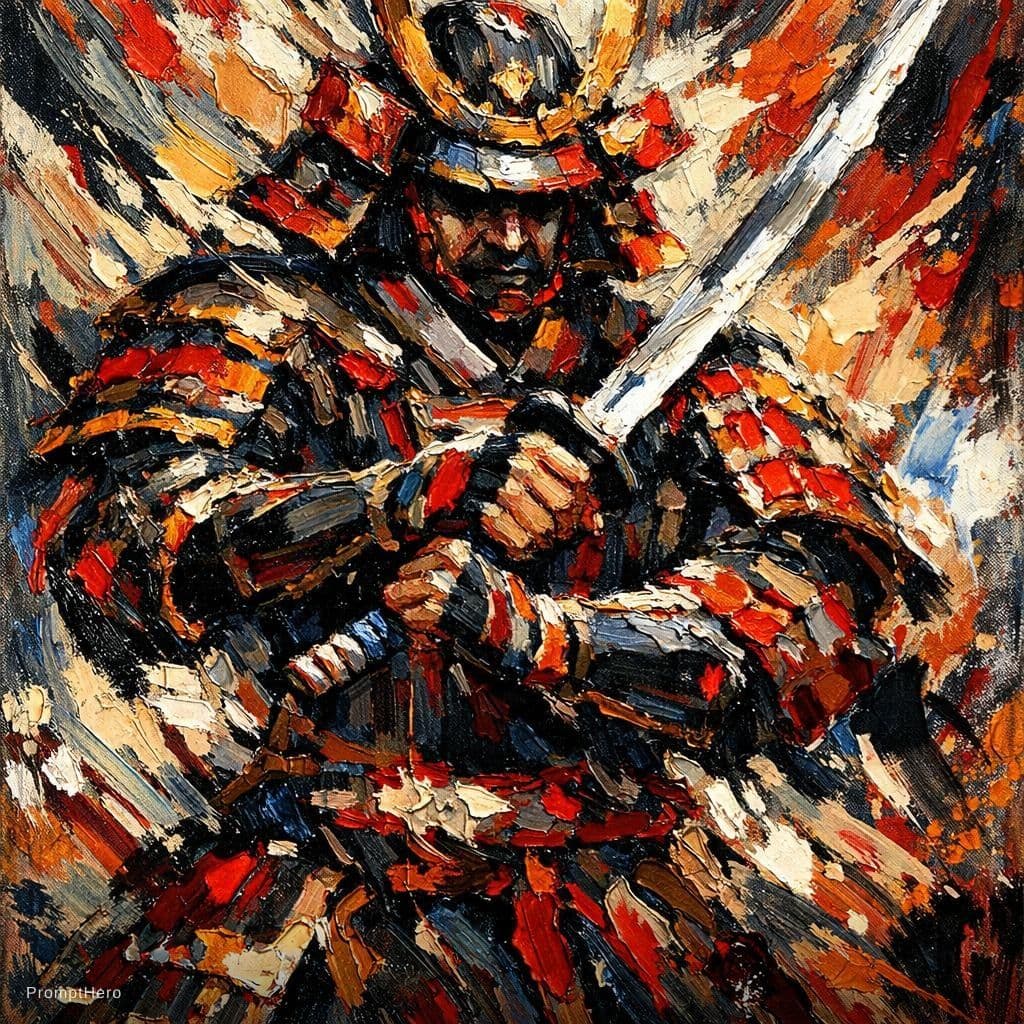 AI generated: samurai, palette knife technique, heavy impasto --chaos 75 --ar 1:2 --sref 3698909049 --profile x3fq...