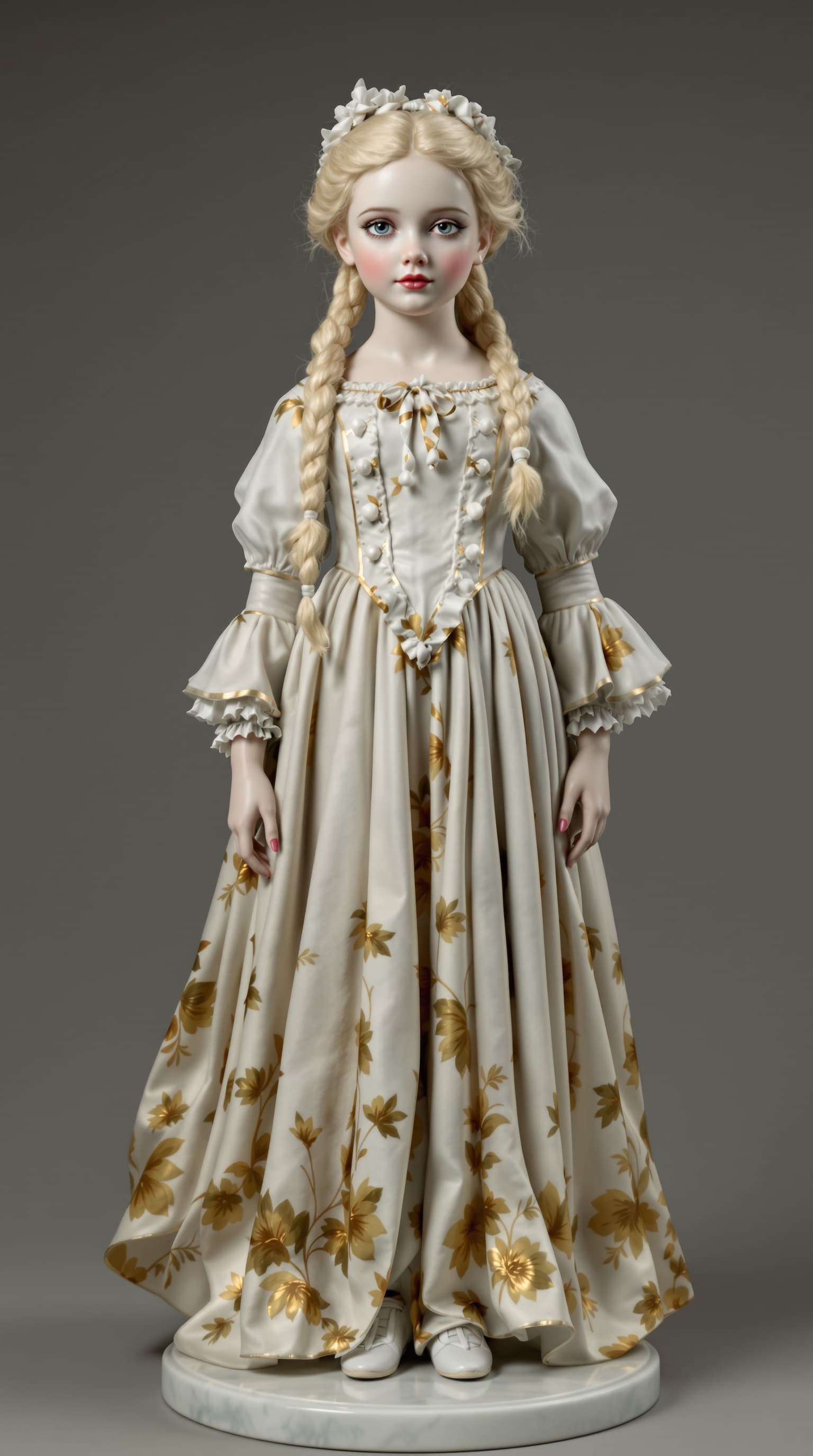 AI generated: A professional photograph captures the exquisite antique porcelain figurine of a twelve-year-old gir...