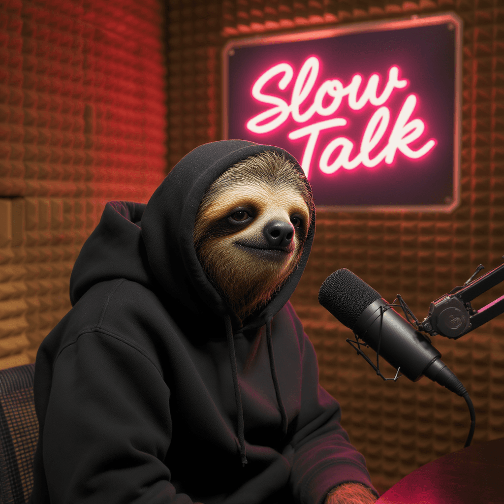 AI generated: ultra-realistic Sloth in a podcast booth, hoodie on, leaning toward a podcast microphone, low warm l...