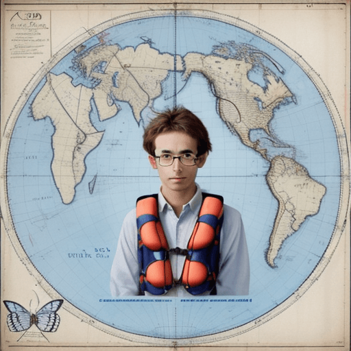 AI generated: a butterfly insect, with glasses, with a lifejacket, looking at a nautical chart