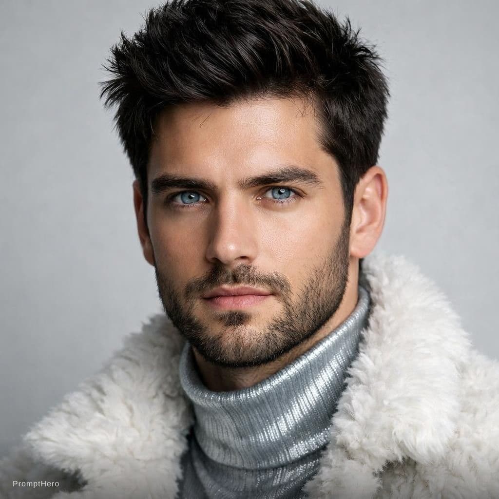 AI generated: A highly detailed and realistic portrait of a young man with striking icy blue eyes and platinum blo...