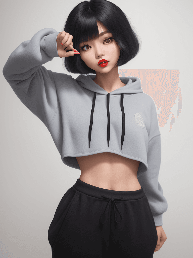 AI generated: 1 girl, beautiful Korean girl, (Cute Loose Bob hair), (wearing a cropped hoodie, capri sweatpants:1....