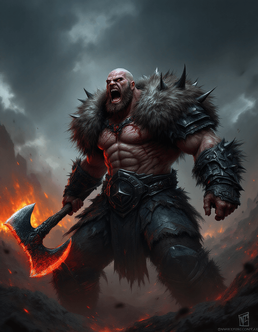 AI generated: "Create a concept art for Ragnar, the Battle Frenzy, a brutal and fearsome warrior consumed by the t...