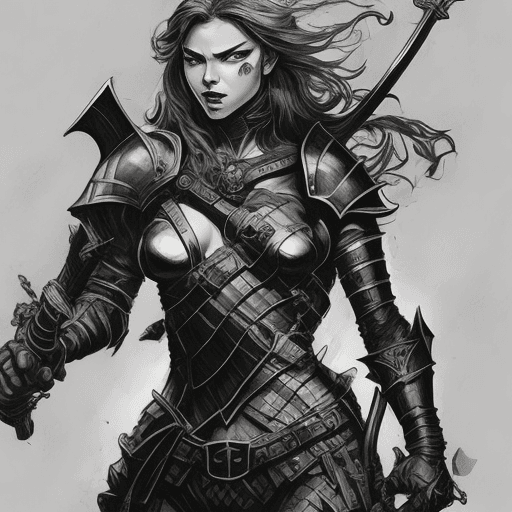 AI generated: hand-drawn portrait of an armored woman holding a sword, in the style of john larriva, ambient occlu...
