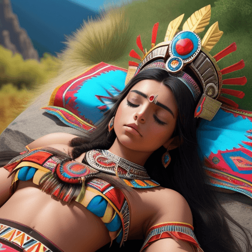 AI generated: beautiful aztec princess asleep on her back, lying on a mountain
