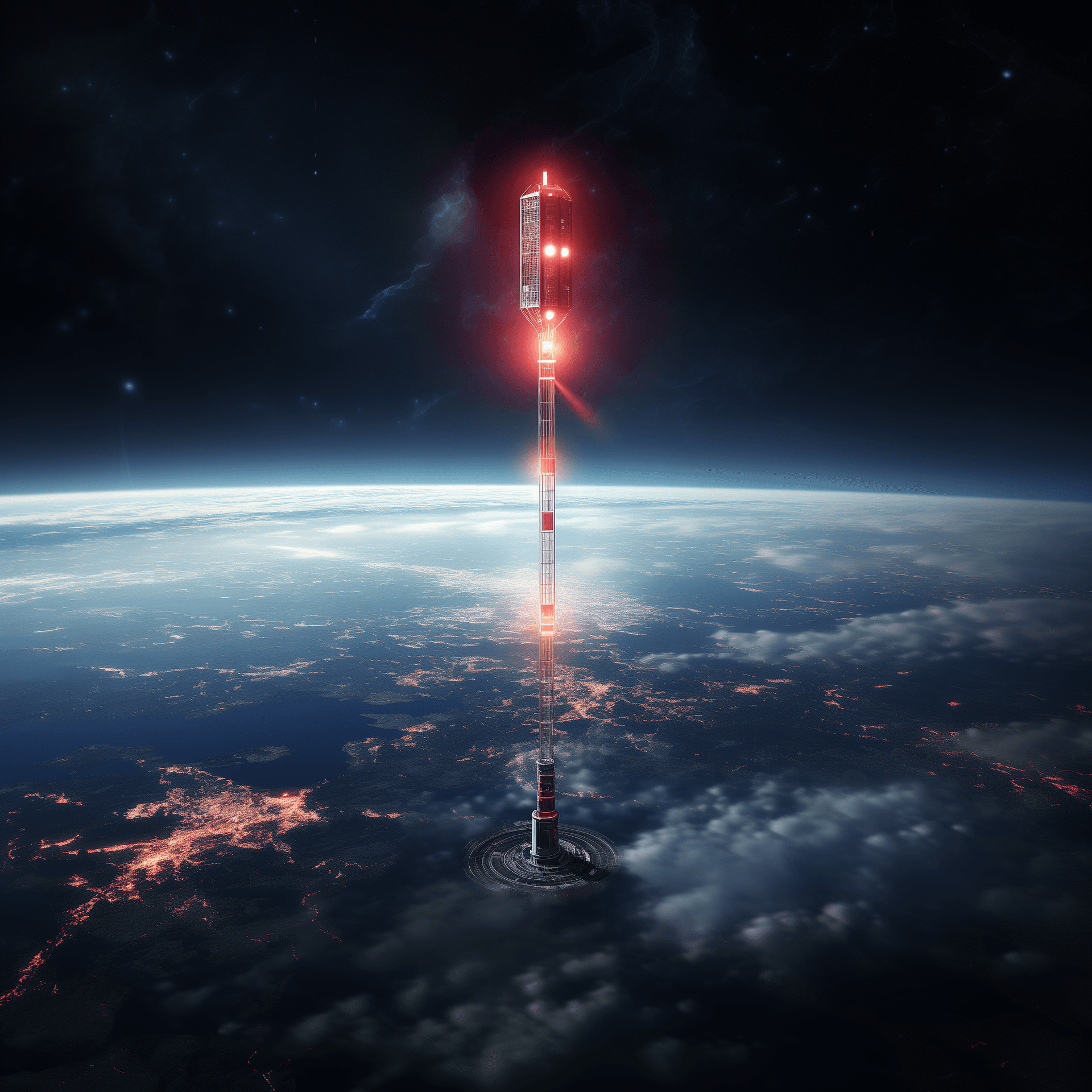AI generated: A space elevator on the horizon of Earth, planet in background, starry sky, space station with red l...