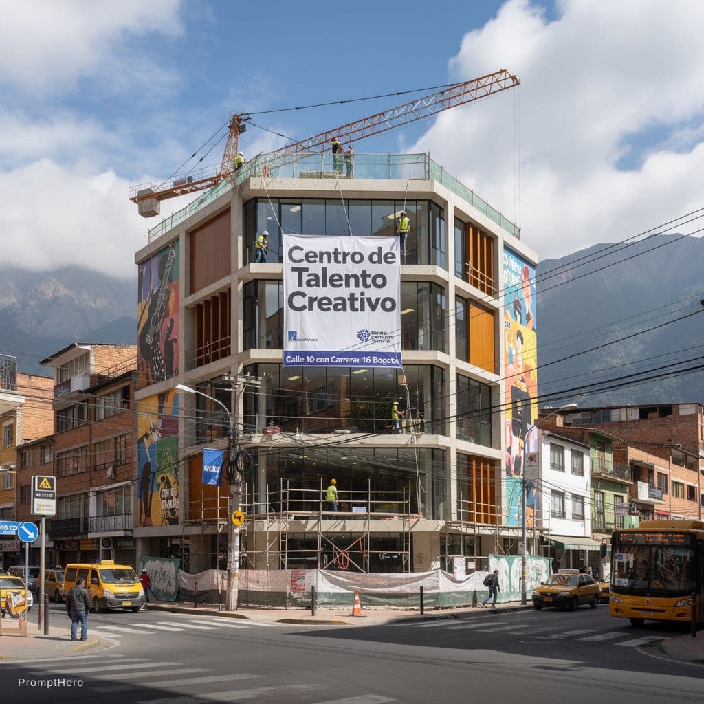 AI generated: centro de talento creativo, bogota,centro calle 10 con carrera 16, construccion,fachada, dia