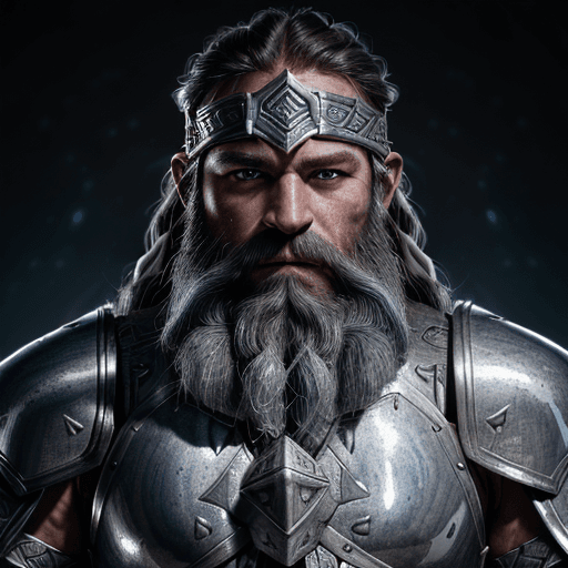 AI generated: High resolution photo portrait, grey skin dark dwarf fighter, shiny silver heavy armor, large battle...