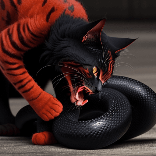 AI generated: A red cat biting a black snake, red cat, black snake