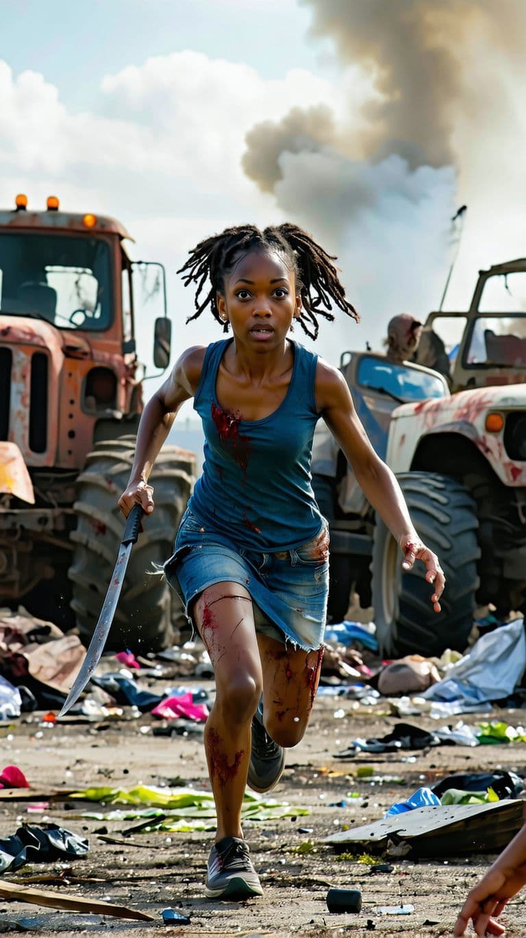 AI generated: On the junkyard, smoke in the background, and zombies. A very young black woman running with destroy...