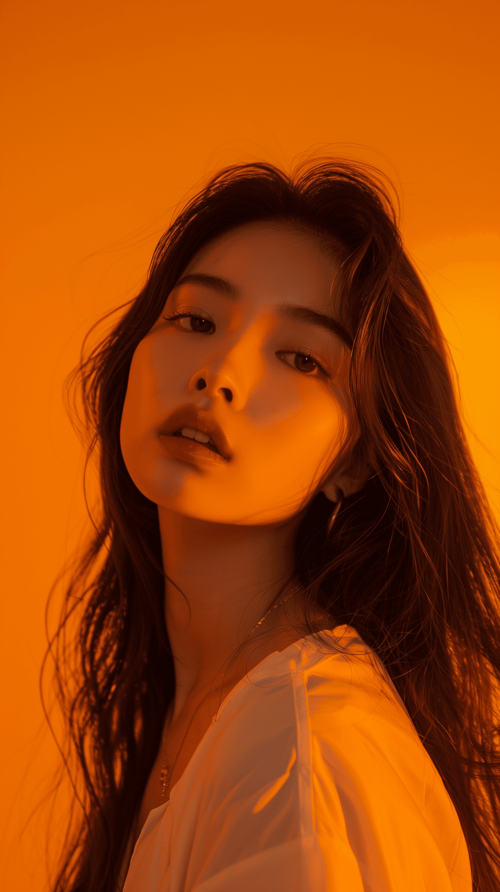 AI generated: photography, front shot, upper-body, professional 22' asian woman model, gaze, contrast, all orange ...