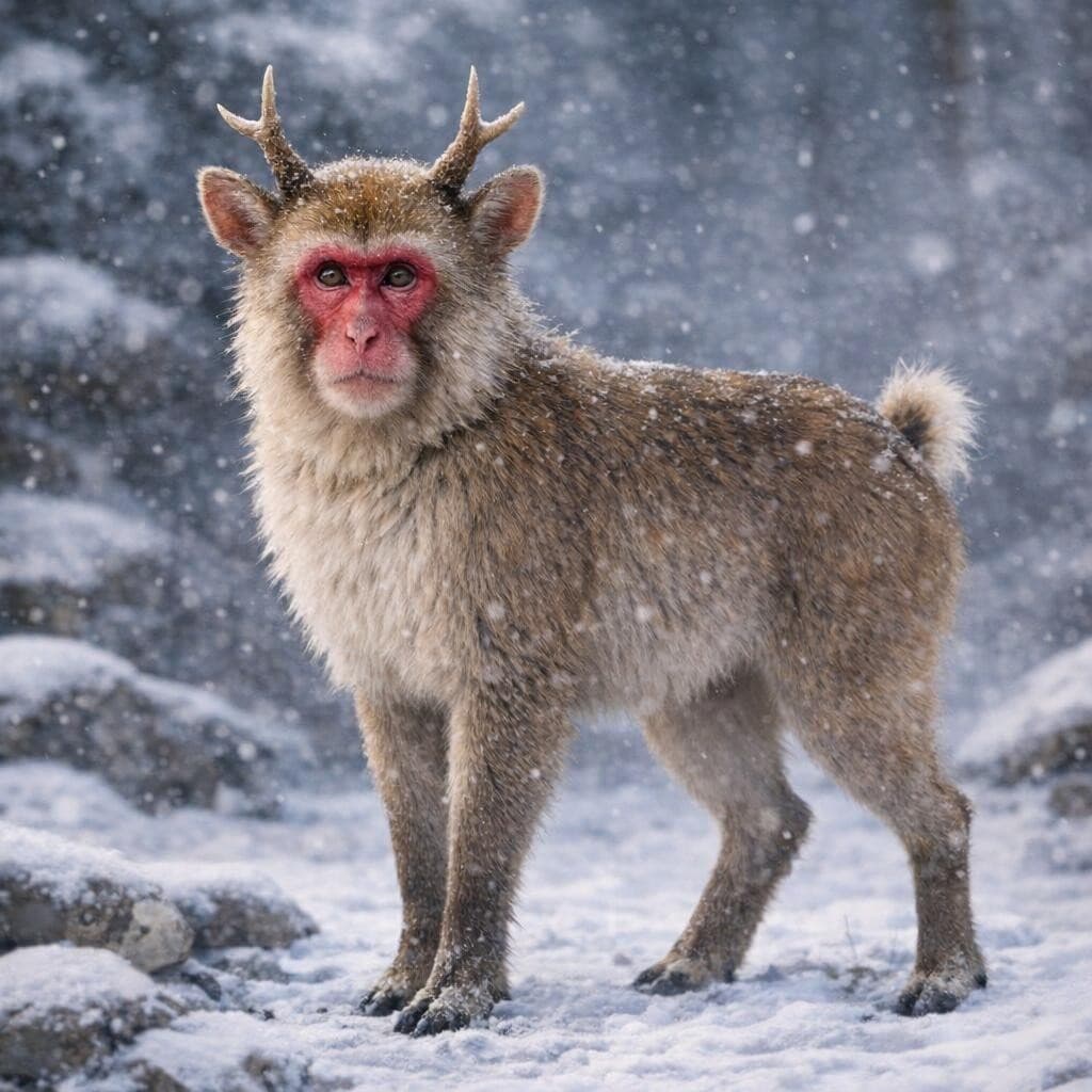 AI generated: create a new creature that is a mix of a Japanese Macaques and a Deer with little horns not antlers 
