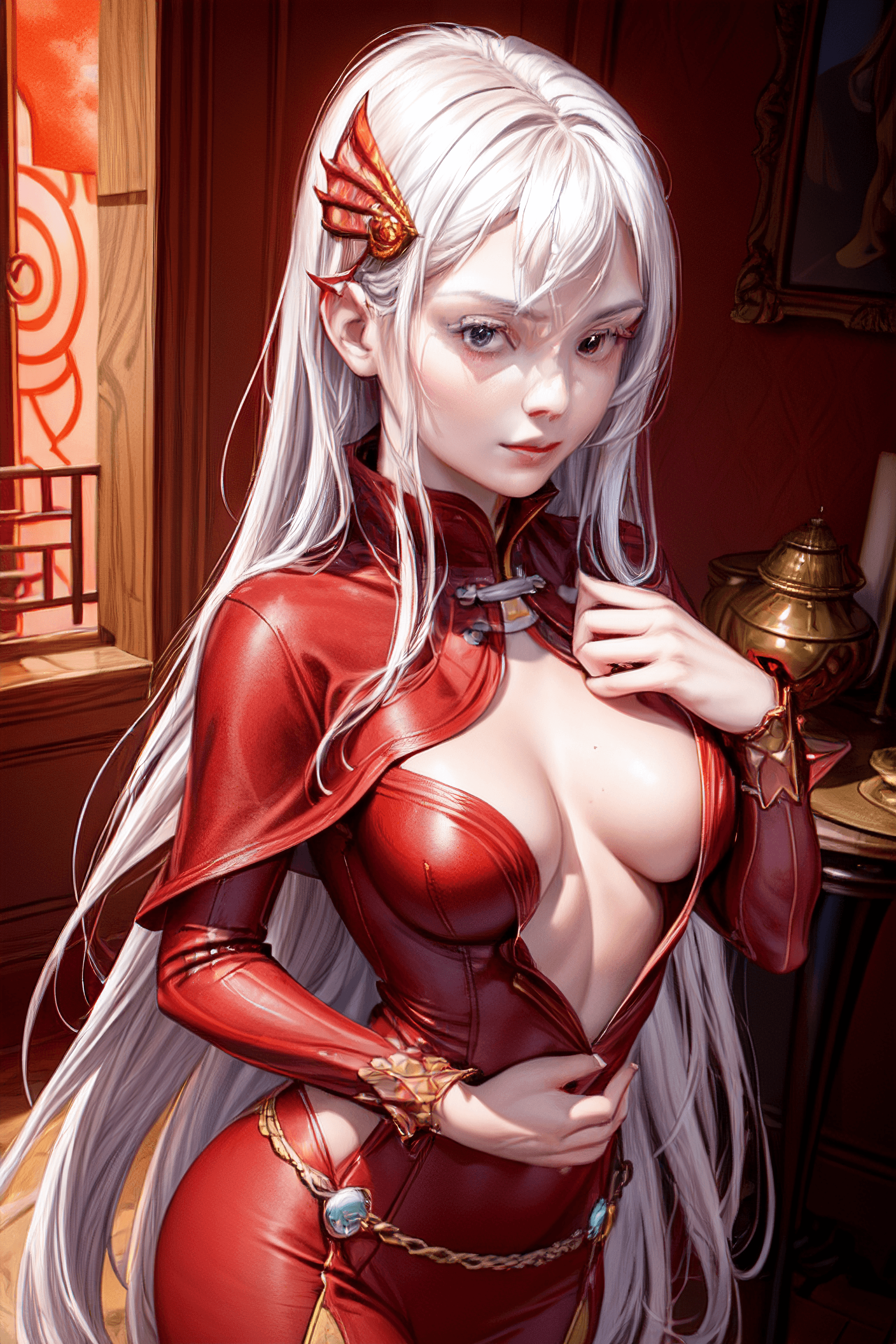 AI generated: ((Portrait of beautiful woman)), ((firebender, firebending)), fire, (wears red and long noble clothe...