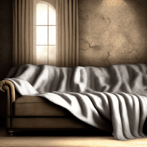 AI generated: dust sheet over a sofa in an old dimly lit 1800's stone walled lounge. style: photo realistic