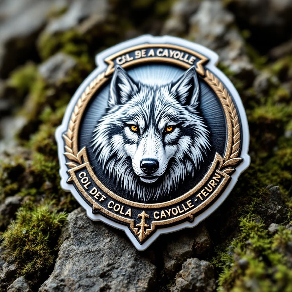 AI generated: a sticker of a medal using the Col de la Cayolle without Hintergrund and with the text "GS Wolves"