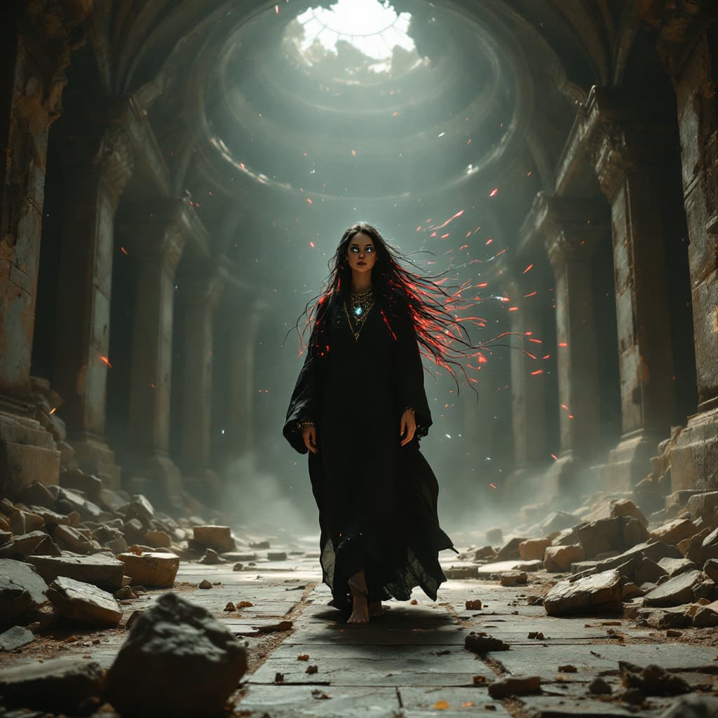 AI generated: A photorealistic cinematic scene of The Archivist, front view of a lone woman entering a long-forgot...