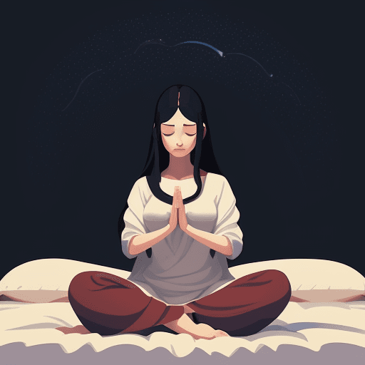 AI generated: beautiful painting of female sitting on her bed and meditating with closed eyes sky night, illustrat...