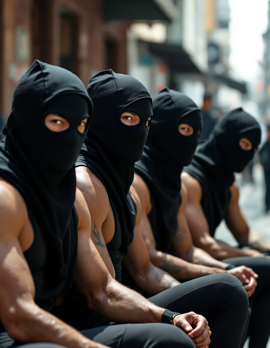 AI generated: Four male Asian Chinese strong athletes wearing compression jammers were arrested in day time. They ...