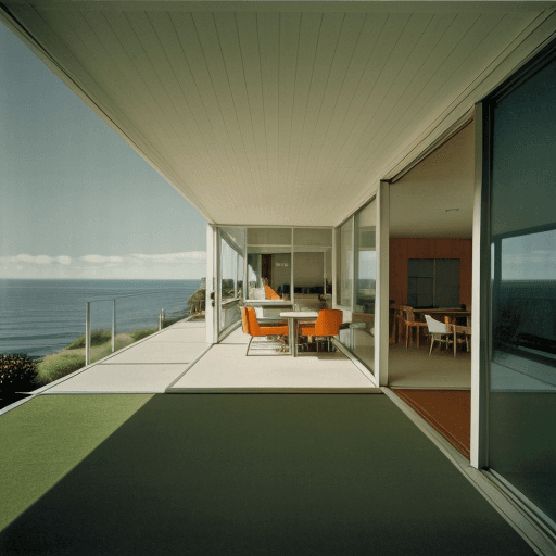 AI generated: Hyper realistic eye level exterior photo of a mid century modern style house overlooking the ocean, ...