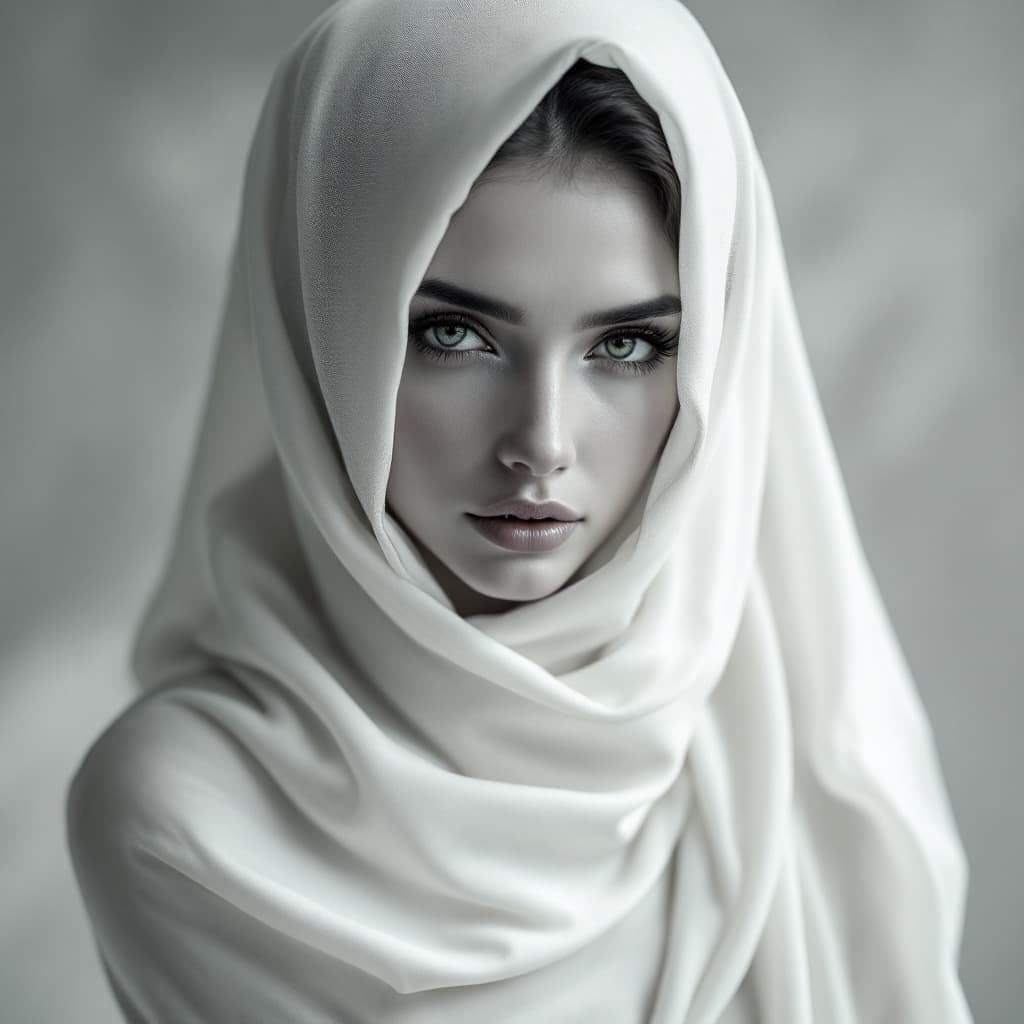 AI generated: a veiled beauty, with hypnotic eyes and angelic looks with body totally covered only revelling her o...