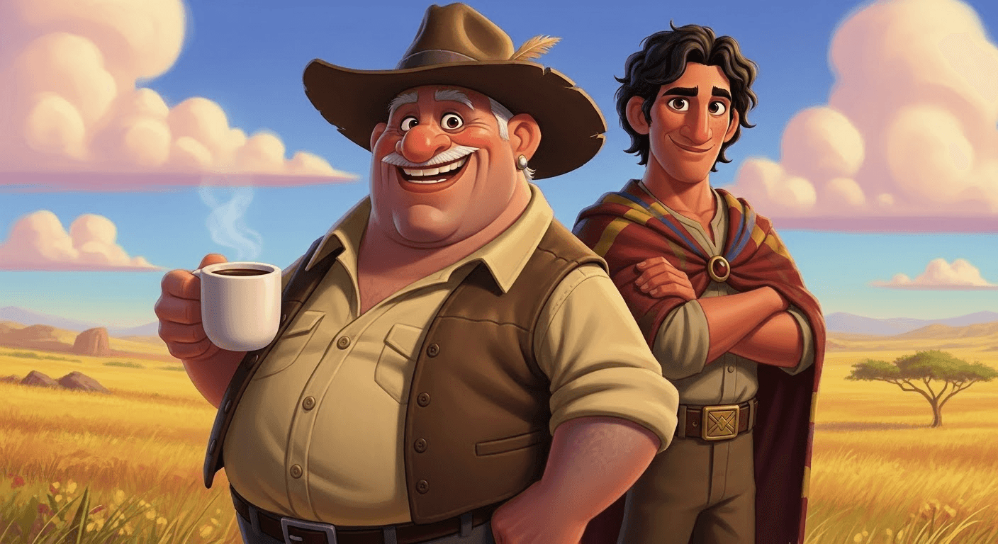 AI generated: A fat, pot-bellied older man, Pixar cartoon type, with a brave expression. He has pronounced Indian ...