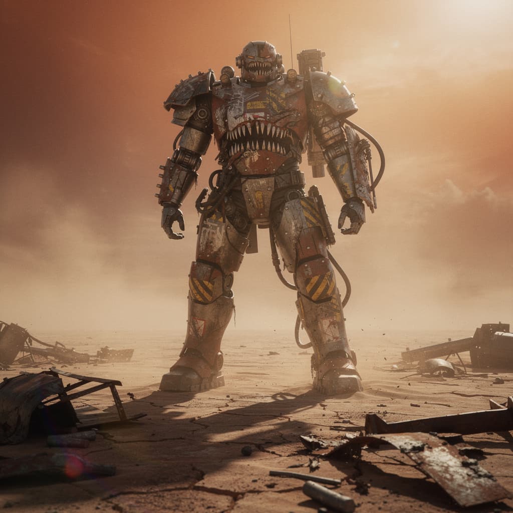 AI generated: A cinematic wide shot of a lone warrior in a desolate, sandy wasteland. They are wearing heavy, bulk...