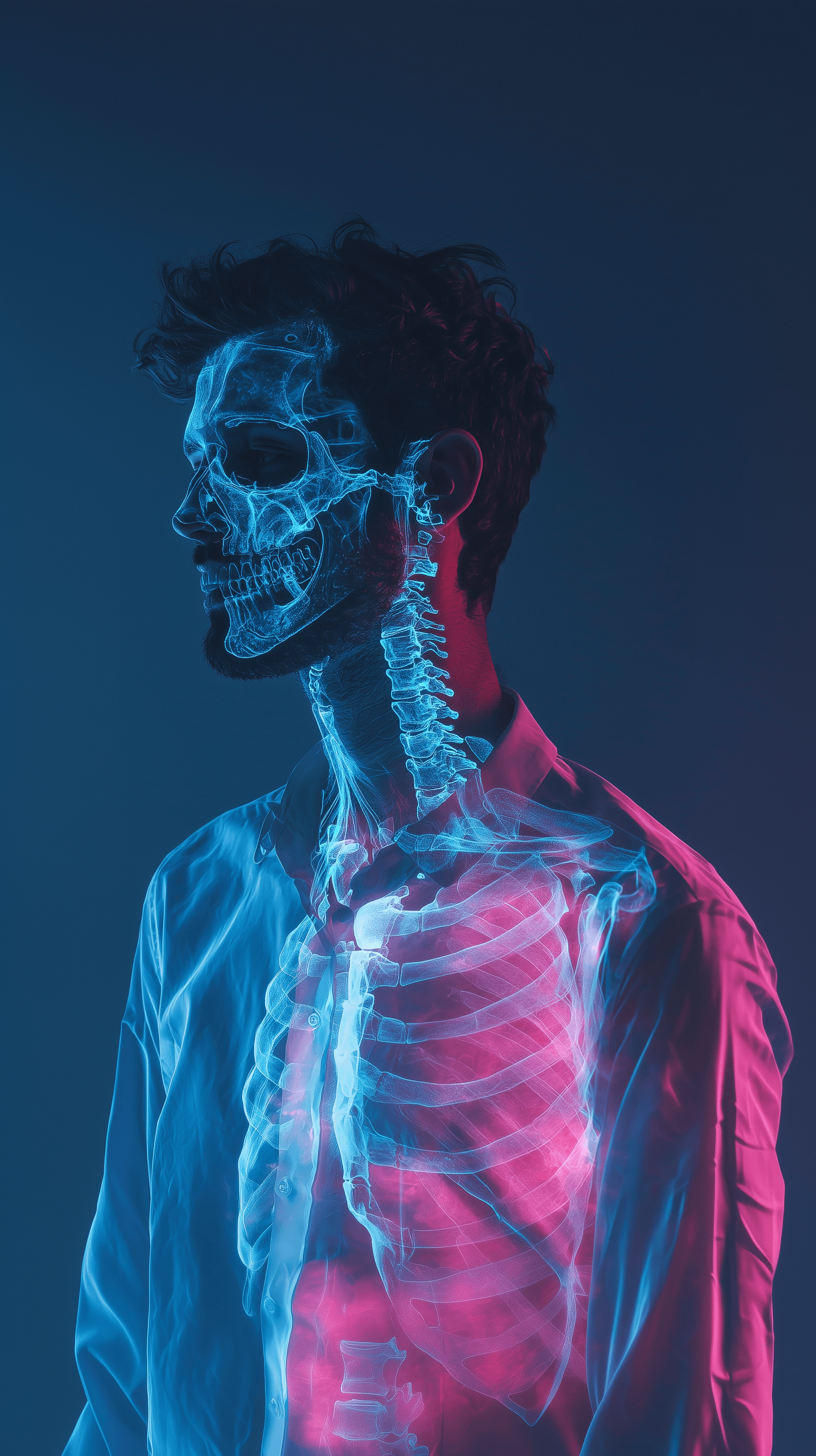 AI generated: digital art, man wearing white shirt, X-ray effect to subtly display his skeletal framework in a glo...