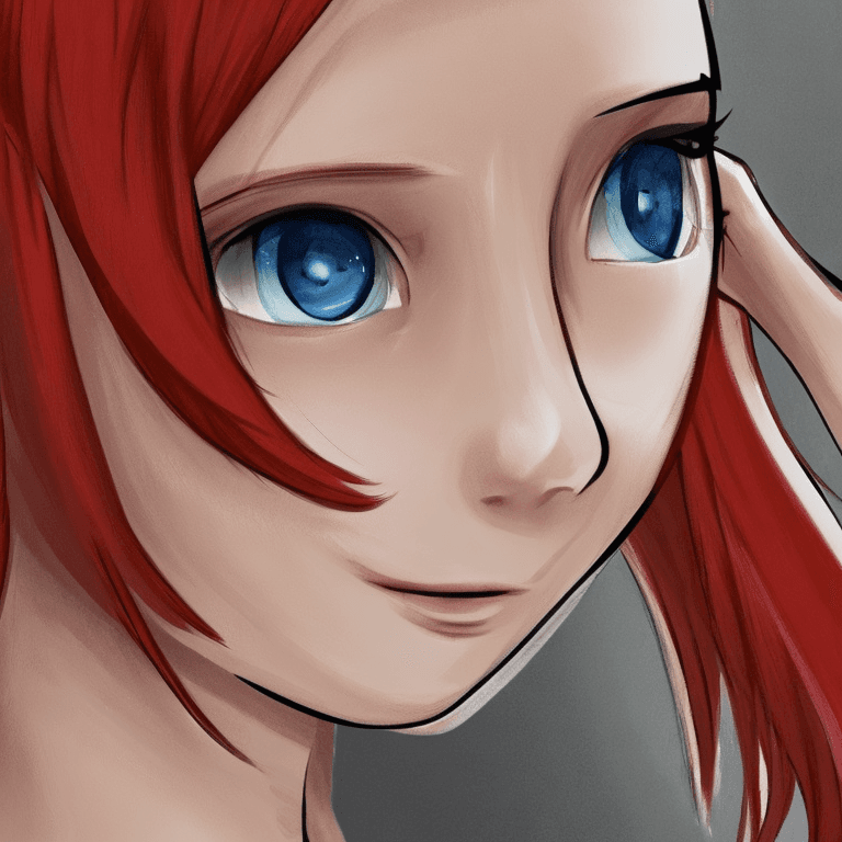 AI generated: Face of a blue-eyed woman with red hair, anime, painted by baskiat. 