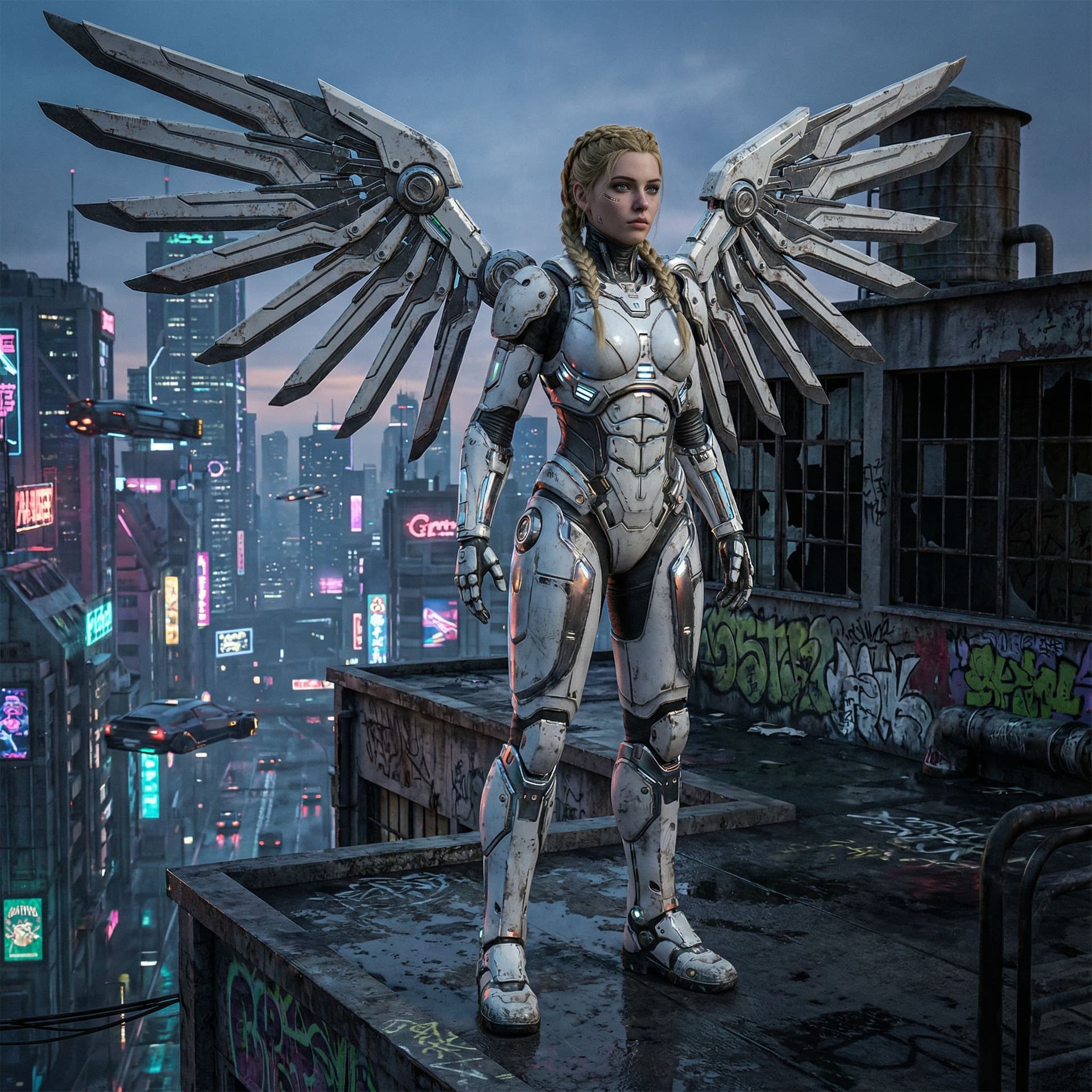 AI generated: Full body shot 3/4 view of a young beautiful European female cyborg with large mechanical wings, in ...